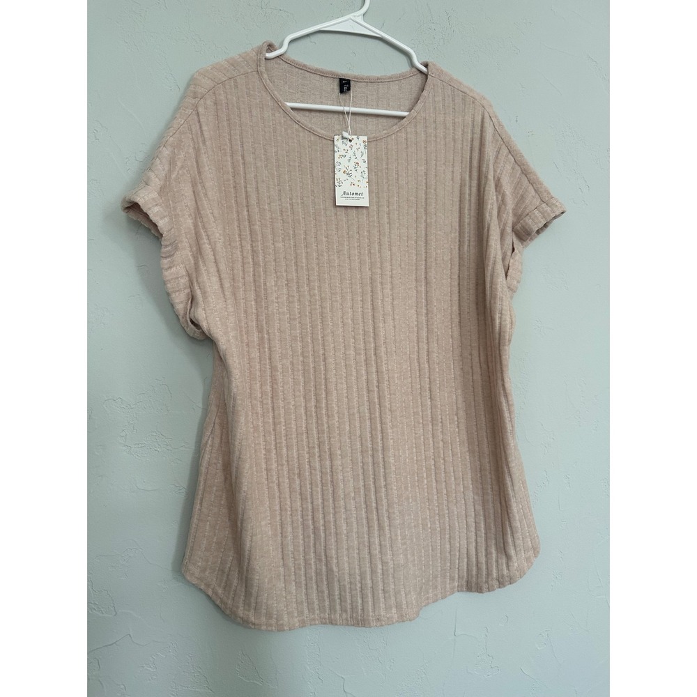 NWT Automet Women's Beige Ribbed Knit Short Sleeve Tunic Top XL‎ - Picture 2 of 7